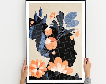 Feminine Art Print, Black Woman Portrait Printable, Boho Wall Art, Flowers Face Art, Pretty Prints, Blue Orange Black Decor, Maximalist Art