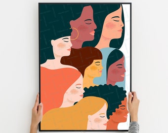 Impression de la diversité des femmes, Art mural féministe, Girl Power, Illustration imprimable de la femme, Égalité, Féminisme, Fraternité, Impression de nombreuses races féminines