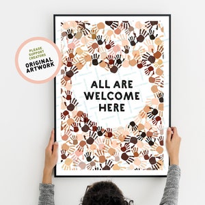 All Are Welcome, Diversity Printable Poster, Classroom Posters, Teach Inclusion Tolerance, No Racism, Human Races, Inspiring Digital Art