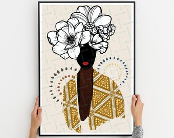 Black Woman Wall Art, Face with Flowers, Colourful Portrait Print, African American Queen, Colourful Feminine Poster, Instant Download