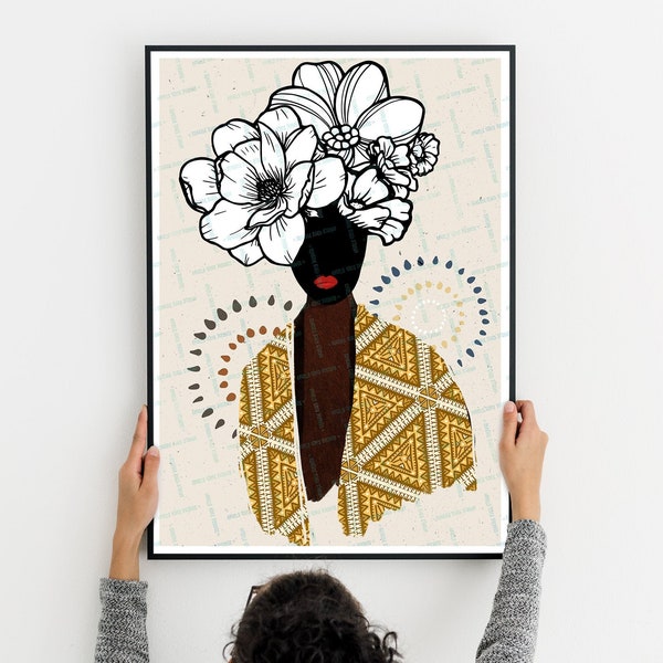 Black Woman Wall Art, Face with Flowers, Colourful Portrait Print, African American Queen, Colourful Feminine Poster, Instant Download