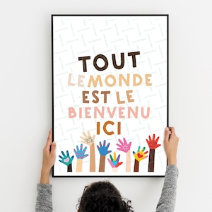Tout le monde est le bienvenu ici, Todos son bienvenidos, Diversidad imprimible, Carteles de aula francesa, Manos de niños, Cuadro de clases de inclusión