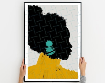Black Woman Print, Bold Afro Wall Art, Fashion Face Print, Colorful Printable, Yellow Grey Black Art, Profile Female Graphic Illustration