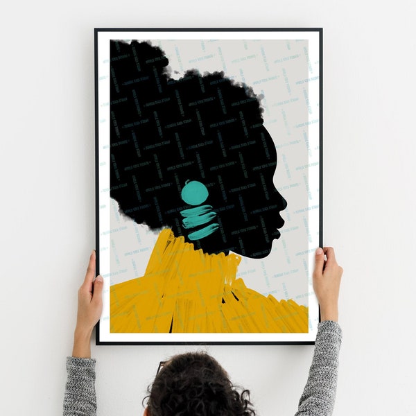 Black Woman Print, Bold Afro Wall Art, Fashion Face Print, Colorful Printable, Yellow Grey Black Art, Profile Female Graphic Illustration