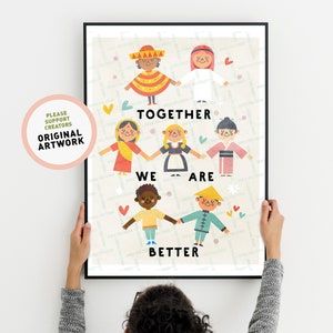 Póster "Niños del Mundo", Arte infantil con mensaje, Impresión "Juntos es mejor", Impresión para habitación infantil, Imprimible para guardería, Descarga digital "Igualdad"