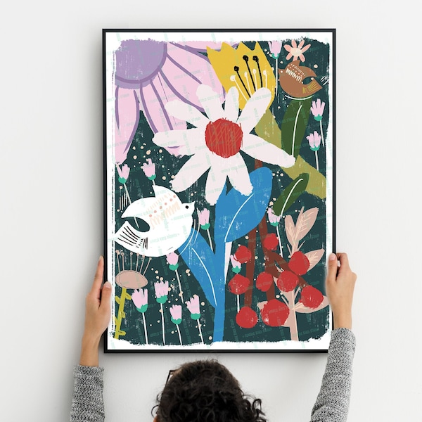 Flower colourful print, big flowers download printable art bird pink red blue green handdrawn digital bold funky vivid foliage art prints