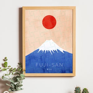 Mount Fuji poster, Fuji-san, Design Japan printable, Rising sun, illustration Fuji Vintage Retro, Instant Download, Blue Red Pink Japanese