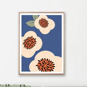 Japanese Flower Wall Art, Retro Blue cream Green Decor, Printable Wall Art, Modernist Printable, Minimal Flower Art Download, Retro Prints
