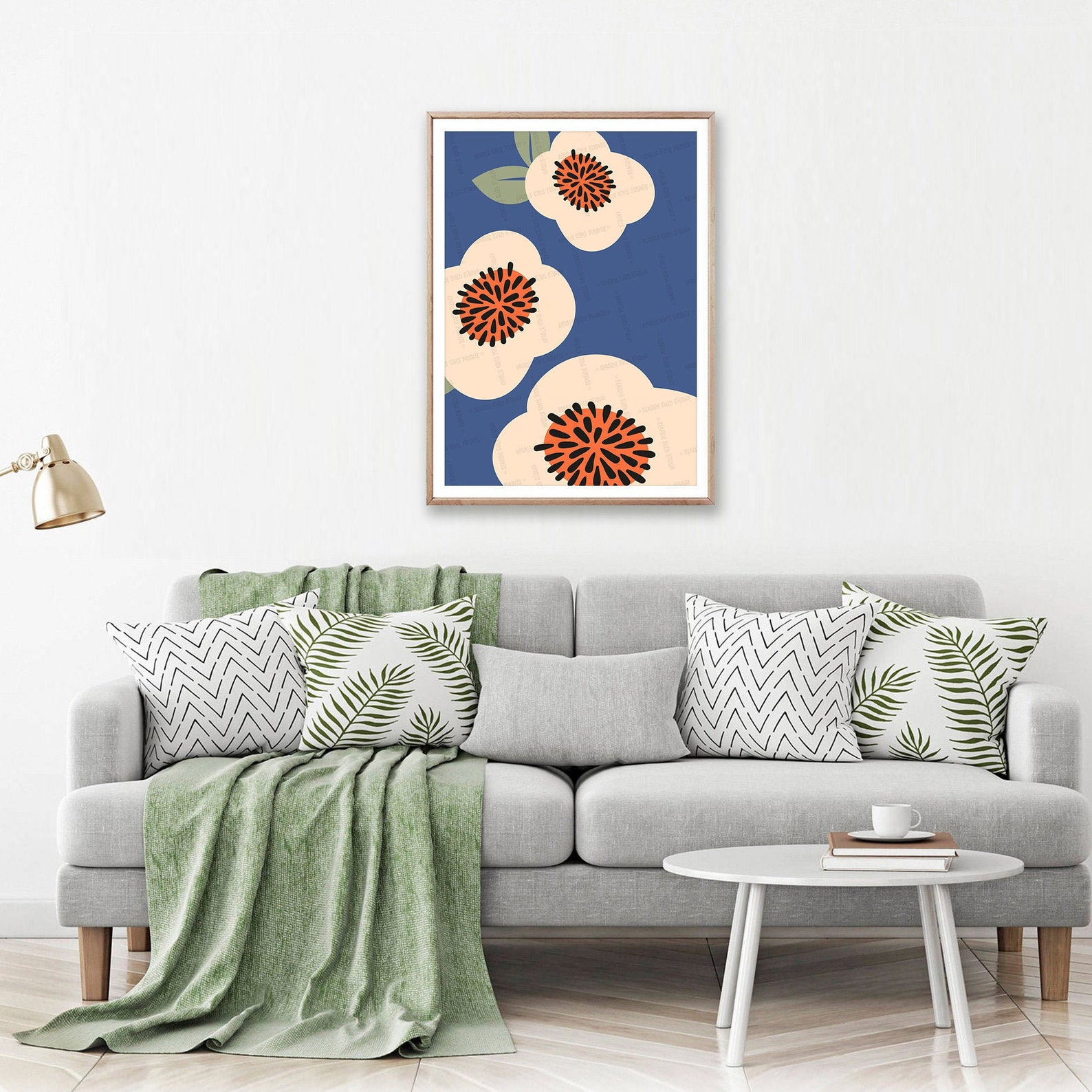 Japanese Flower Wall Art Retro Blue Cream Green Decor Etsy