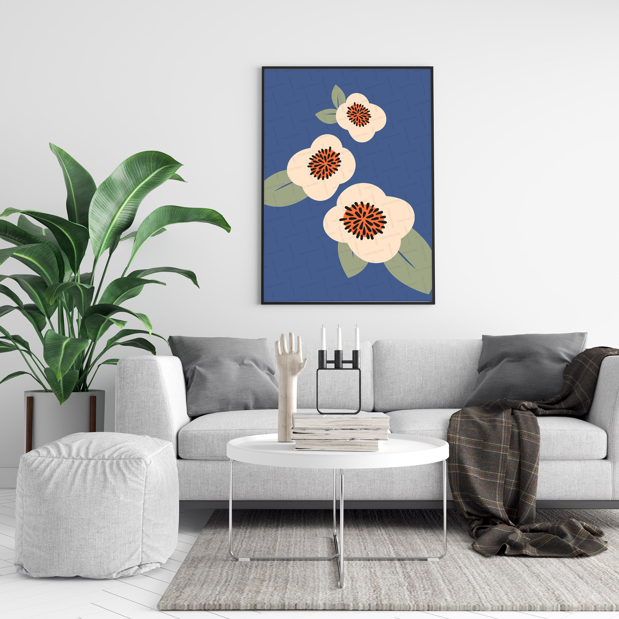 Japanese Flower Wall Art Retro Blue Cream Green Decor Etsy