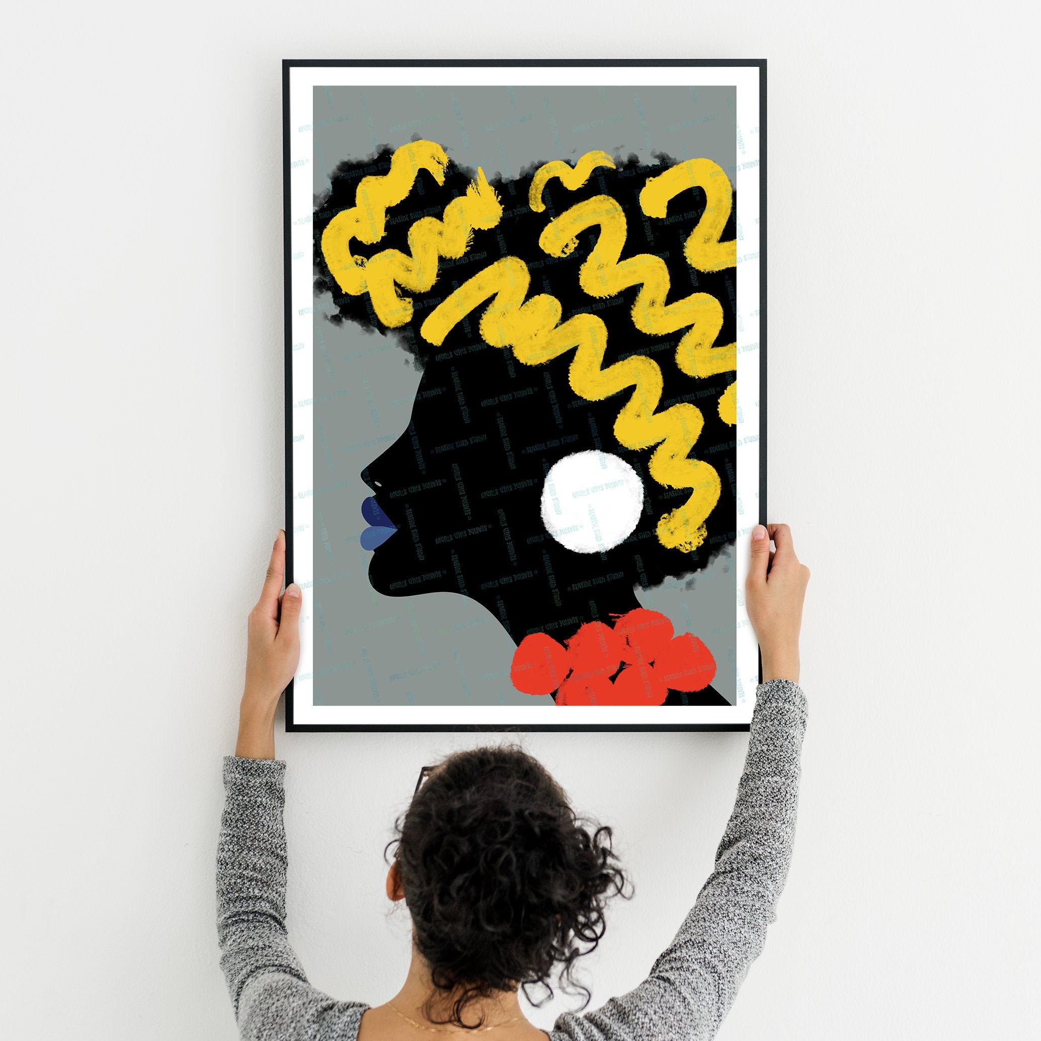 Bold Portrait Print, Feminine Wall Art, African Woman Face, Bright Colours Printable, Yellow Red Black Art, Silhouette Female Poster
