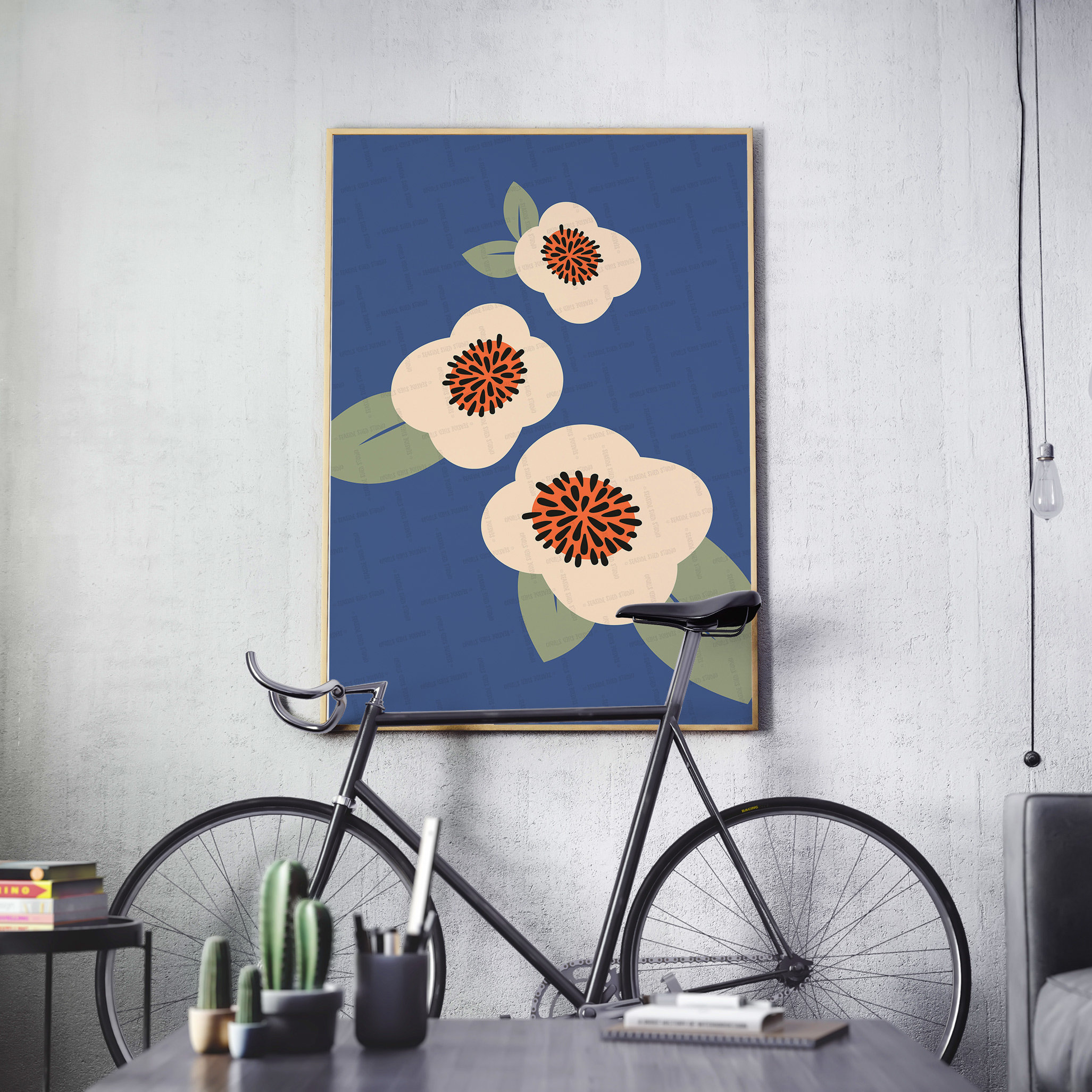 Japanese Flower Wall Art Retro Blue Cream Green Decor Etsy