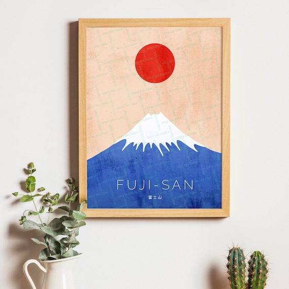 Affiche Mont Fuji, Fuji-san, Design Japon imprimable, Soleil Levant,  illustration Fuji vintage Rétro, Téléchargement instantané, Bleu Rouge Rose  Japonais -  France