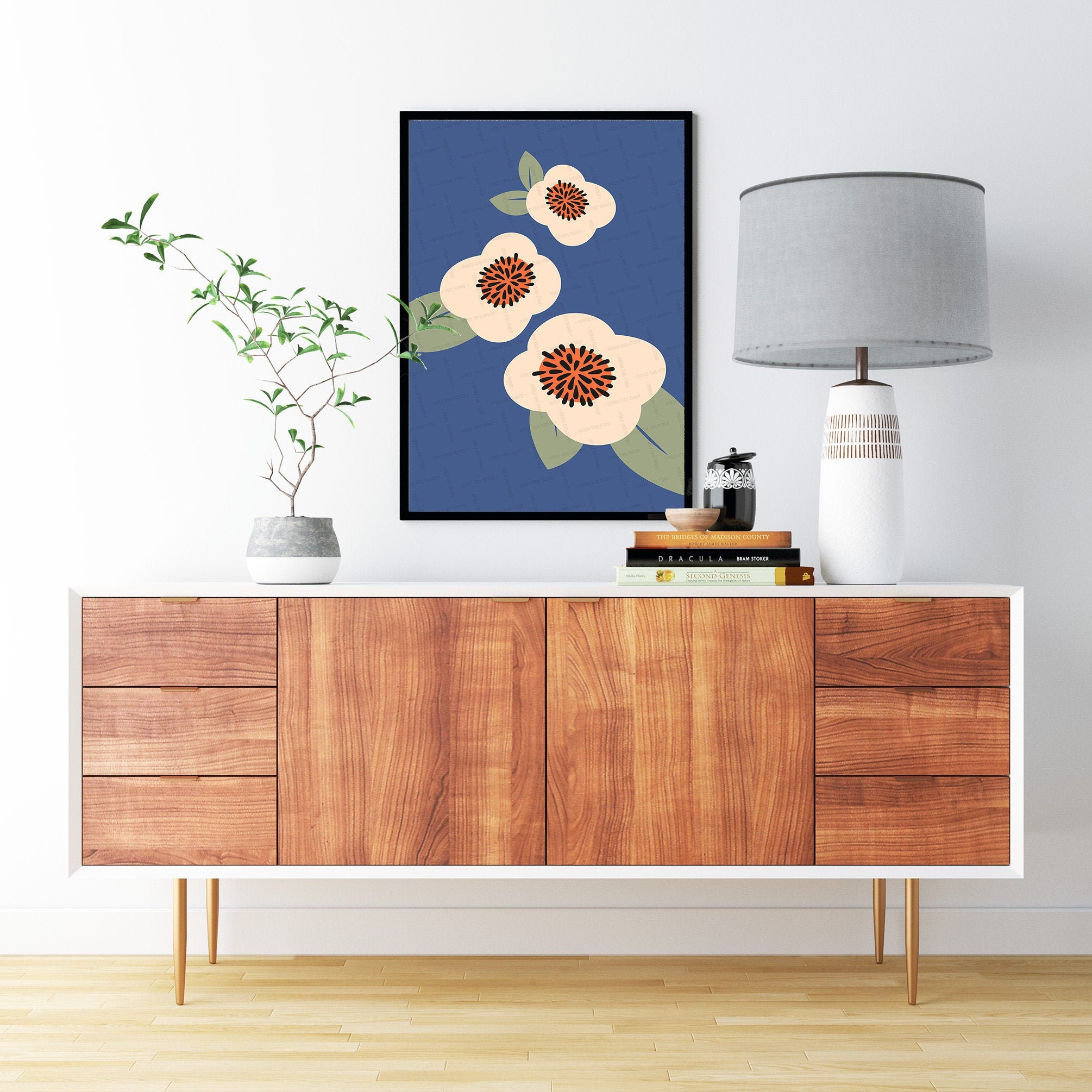 Japanese Flower Wall Art Retro Blue Cream Green Decor Etsy