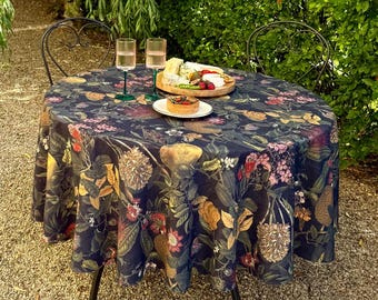 Handmade Round Tablecloth – Exotic Floral Linen Cotton Blend