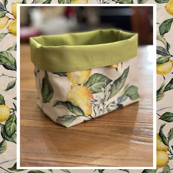 Pretty Fabric Basket, Bread Basket, Kitchen decor, Fabric Cloth in Floral Lemon Print, Citrus kitchen, table decor, dining accesscories