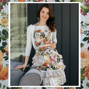 Floral Linen Apron with Ruffles: Romantic Kitchen Serving Dress
