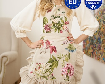 Ruffled Floral Apron: Linen Blend Kitchen Dress, Elegant Homewear