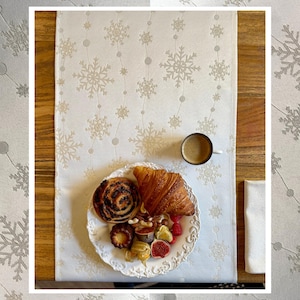 Puede incluir: Una escena de desayuno festiva con un camino de mesa blanco con estampado de copos de nieve. Un plato contiene un cruasán, bollería y fruta. Una taza de café está colocada al lado.