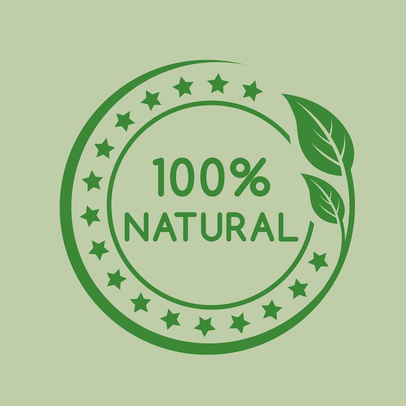 May include: Green circle with a white star border and the text "100% NATURAL" inside. Two green leaves are on the right side of the circle.