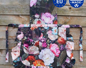 Floral Apron for Women: Festive Black Ruffle Kitchen Apron