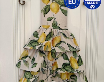 Delantal infantil con estampado de limones: Delantal de cocina de lino con volantes