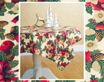 Square Rectangular Circle Round Beige Christmas Tablecloth, Printed Green & Red Flowers on Pale Yellow Background, Christmas Table Cover