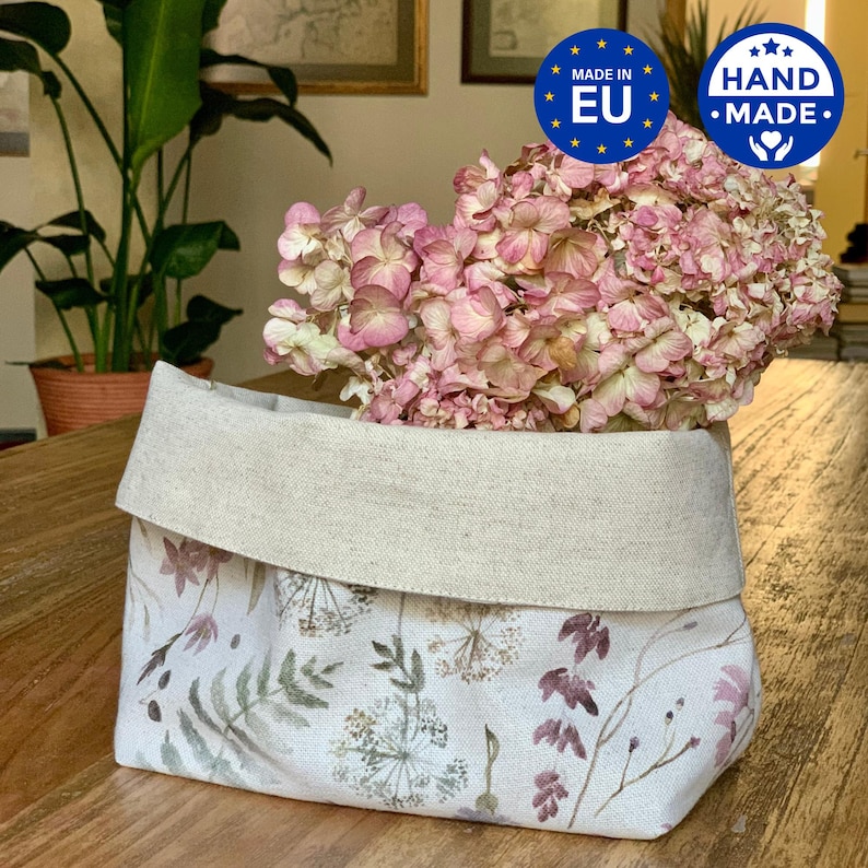 Floral Fabric Bread Basket: Cotton Linen Table Storage image 1