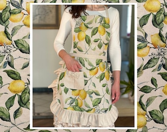 Apron for woman, Vintage apron, Lemon Print on Linen mix Fabric, Vintage style, Gift for Her, Gift for Mom, Ruffled apron, Citrus apron