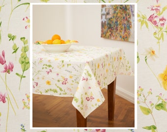 Frühling Tischdecke, Frühling Blumendruck auf weißem Hintergrund, Botanisches Muster Tischdecke Geschenk für Sie, Frühlingsstimmung, blühende Blume, frisch