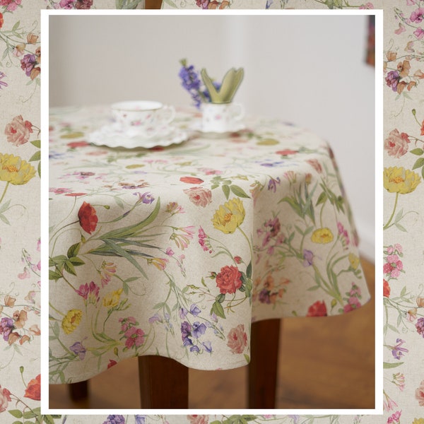 Round Tablecloth with Summer Flower Print on Linen Background, Botanical Pattern Table cover, Gift, summer vibe in kitchen, blossom, fresh