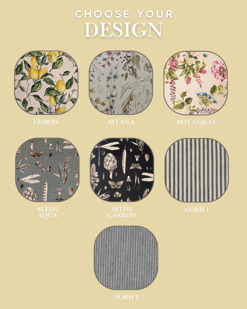 Op de afbeelding: Een raster van zeven stoffen stalen met het opschrift CHOOSE YOUR DESIGN. Patronen bevatten gele citroenen, botanische schetsen, bloemen en zaadmotieven in aqua en carbon, plus twee gestreepte ontwerpen genaamd NORD 1 en NORD 2. Elk staal is afgerond.