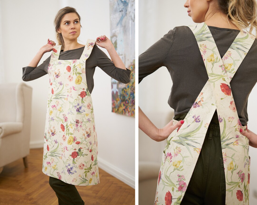 Women's Cross Back Apron Dress - Loose Fit Cotton Blend Cooking, Florist, Or Home Apron