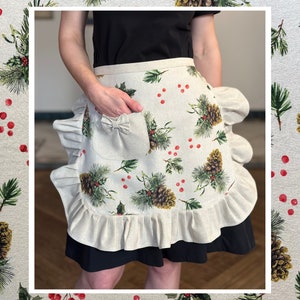 Golden Pine Christmas Apron: Linen Cotton Blend, Winter Kitchen Decor
