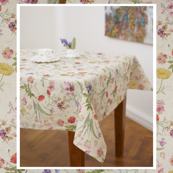 Nappe printanière, tissu écologique, faite main. Impression de fleurs sur fond de lin, napperon, ambiance jardin dans la cuisine, parfait pour cadeau, fleurs