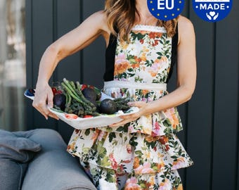 Floral Ruffle Apron | Linen Blend Kitchen Dress