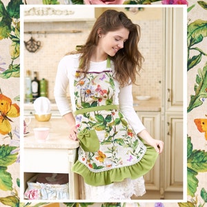Elegant Green Apron | Botanical Print with Butterflies & Berries | Romantic Kitchen Dress | Stylish and Feminine Cooking Wear |