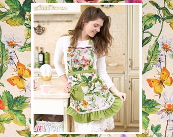 Delantal de señora con estampado de verano, Verdes Botánicos Mariposas Bayas, Vestido de cocina, Delantal romántico, cocina de mujer, vestido de casa