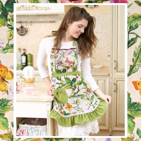 Tablier pour femme avec imprimé d'été, verdure botanique, papillons et baies, robe de cuisine, tablier romantique, cuisine pour femme, robe de maison