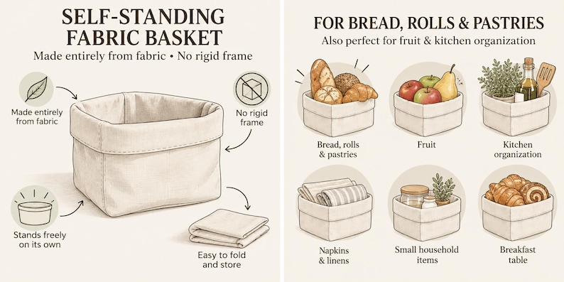 Op de afbeelding: Een beige stoffen mand zonder stijf frame, met tekstlabels zoals Self-Standing Fabric Basket. De illustratie toont de mand die uit zichzelf staat, opvouwbaar is voor opslag en items zoals brood, fruit en huishoudelijke artikelen bevat.