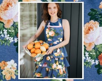 Dark Blue Floral Ladies' Apron, Women's apron, Flower Print on Blue Background with Ruffles & Laces, Mom Gift, Gift for Her, kitchen dress