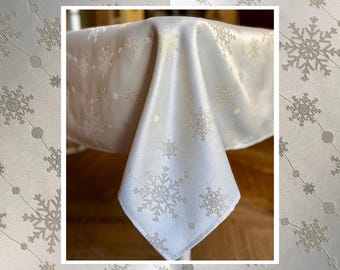 Mantel navideño con copos de nieve dorados, mantelería ligera, elegante mantel de invierno, decoración festiva para mesas, cenas festivas / nevadas doradas