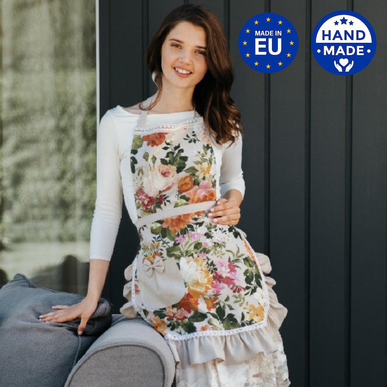 Floral Linen Apron With Ruffles: Romantic Kitchen Serving Dress - Etsy