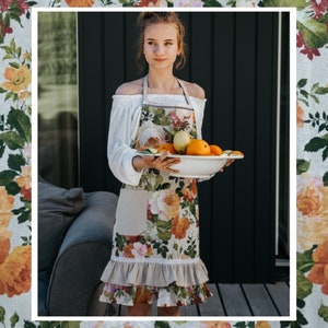 Floral Linen Apron with Ruffles: Handmade Kitchen Dress, Mom Gift