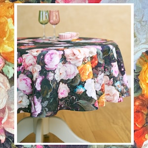 Round Tablecloth | Floral Vintage Print on Black | Romantic Home Decor | Festive Dining Table Cover | Gift for Home | Francine Black
