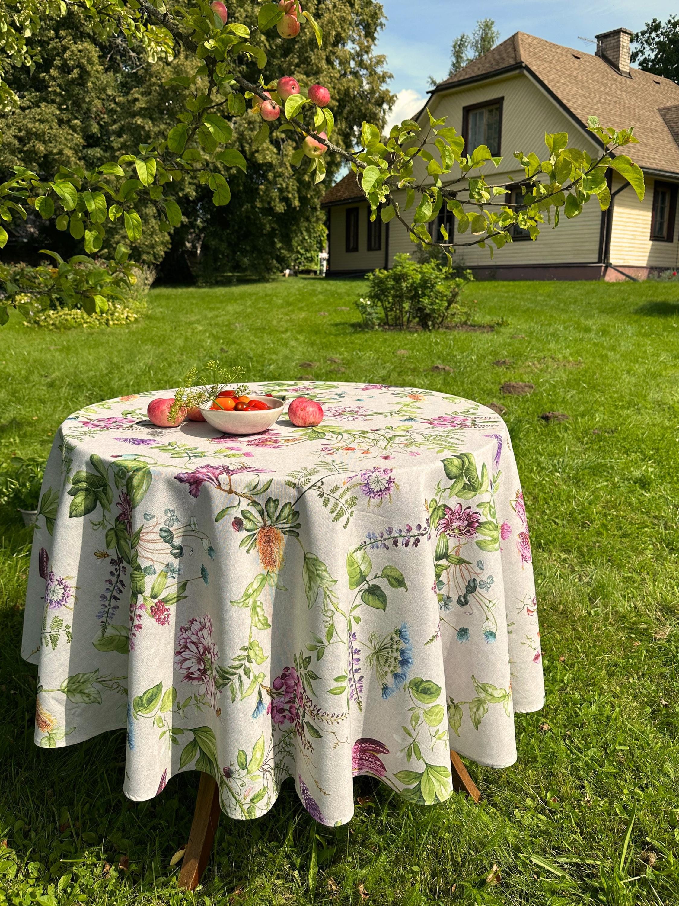 Buy Botanical Round Tablecloth, Floral Dining Decor, Cotton Linen