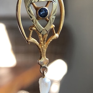 Vintage Antique Blue Saphire Seed Pearl 10 karat stamped Yellow Gold Lavalier Pendant