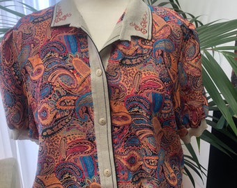 Vintage short sleeved padded shoulders paisley blouson/shirt