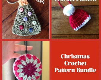 Crochet Pattern Christmas Ornament Bundle - Christmas Tree Decoration - granny circle bauble, hanging Xmas ornament crochet pattern Bundle