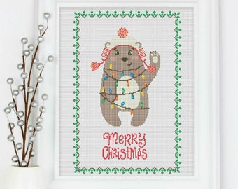 Christmas Bear Cross stitch pattern,animal cross stitch, winter bear cross stitch pattern Chart ,Needlecraft Needlework PDF Instant Download